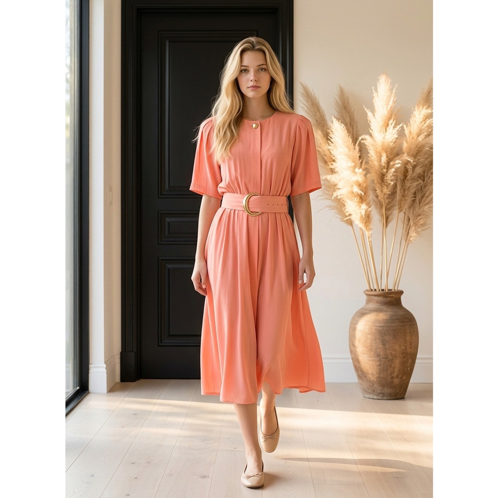 Vintage 80's Fashion Dove USA Belted Maxi Dress Size S Color Peach 100% Rayon